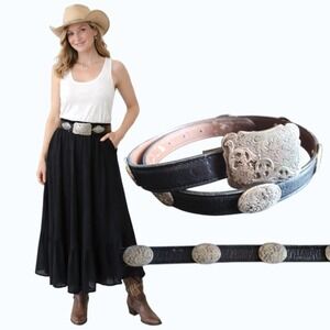 Navasota Western Concho Engraved Buckle Leather Belt Women's M Black Silver USA